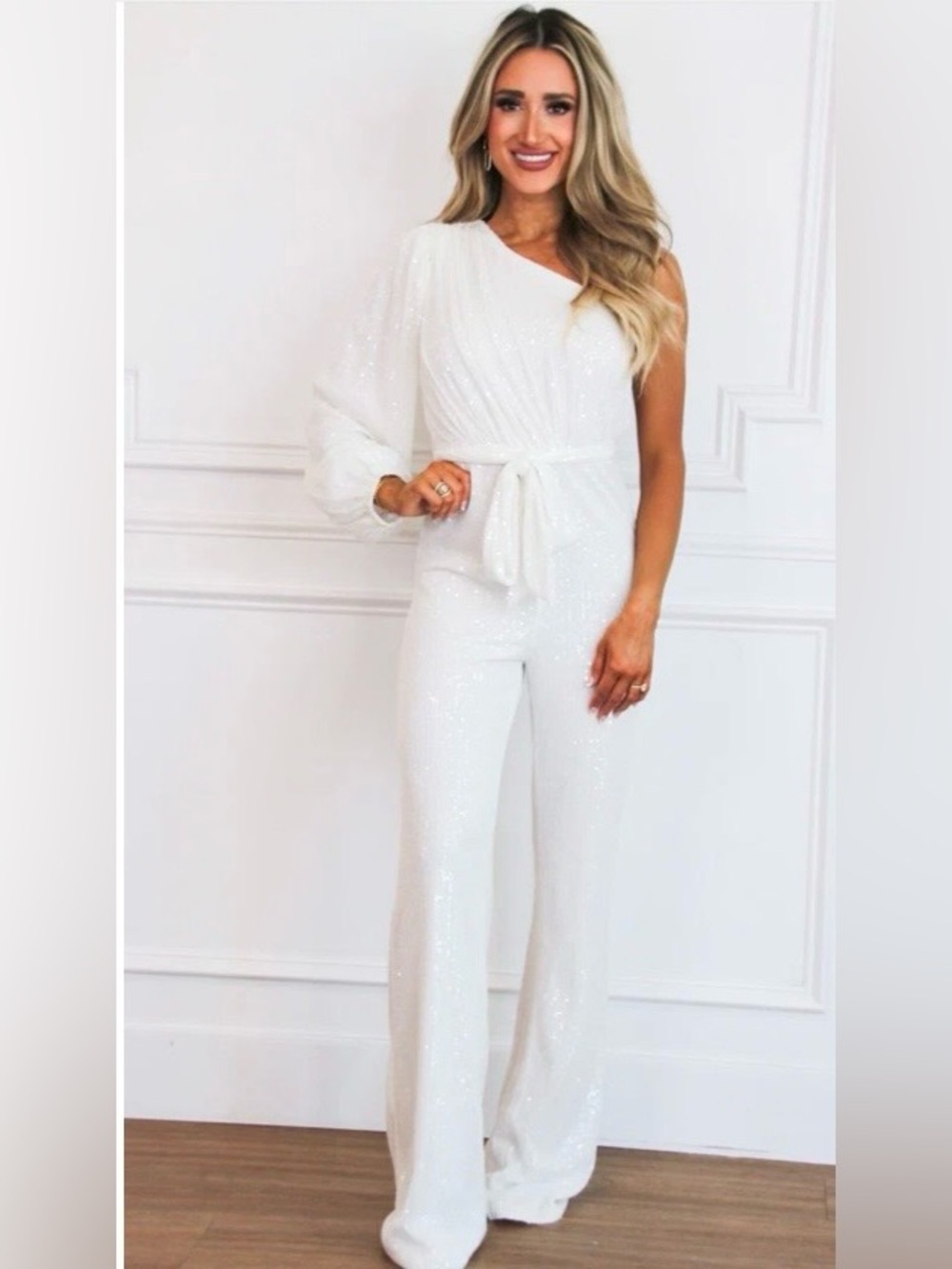 One-Shoulder White Sequin Jumpsuit with Tie Waist